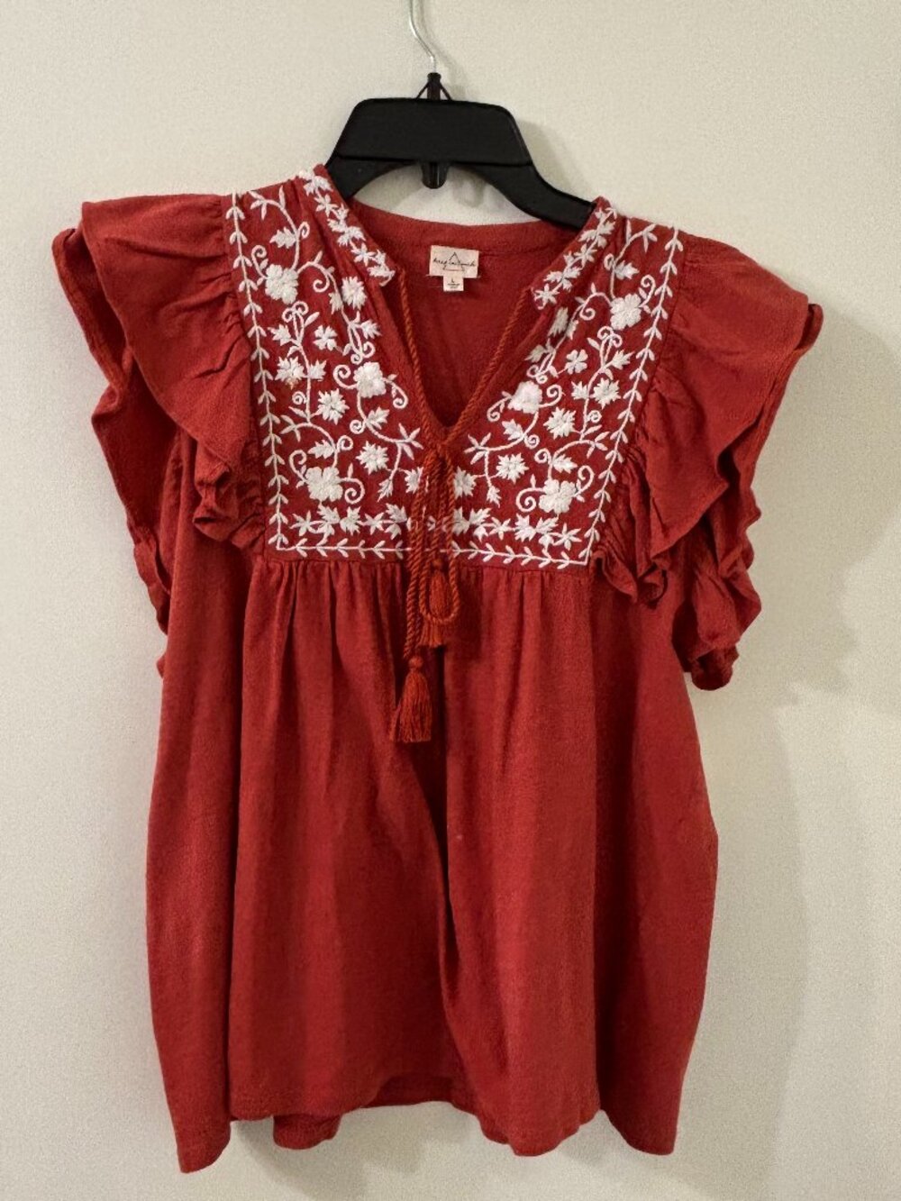 Keep in Touch Large Embroidered Cotton Orange Tasseled Flutter Sleeve Top NWT